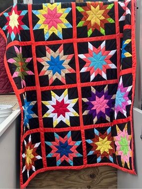 65” x 90” Handmade Multicolor Star Patchwork Quilt - Red Sashing